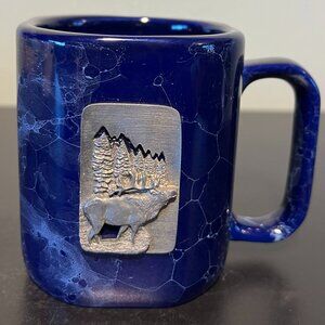 Cobalt Blue Bubble Glaze Marbleized Mug ~ Pewter Medallion w/ Moose  ~ LINYI